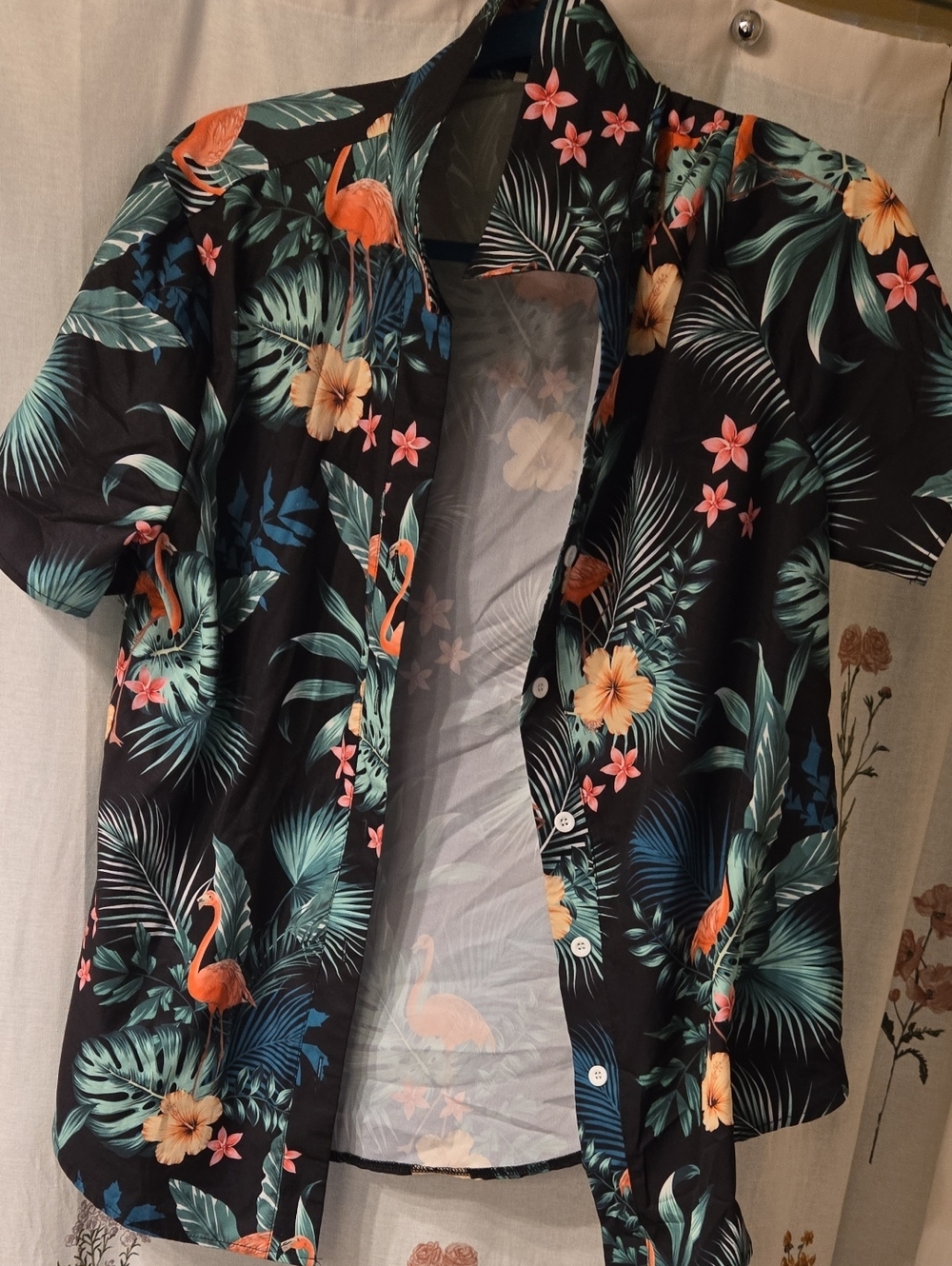 Tropical Flamingo Button-Up Shirt - Black with Coral & Teal Floral Print